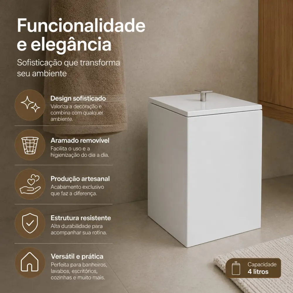 Lixeira Quadrada 4L em Resina Branco - Cromado