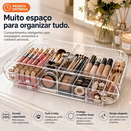 Organizador de Maquiagem Grande em Acrílico Transparente com Tampa