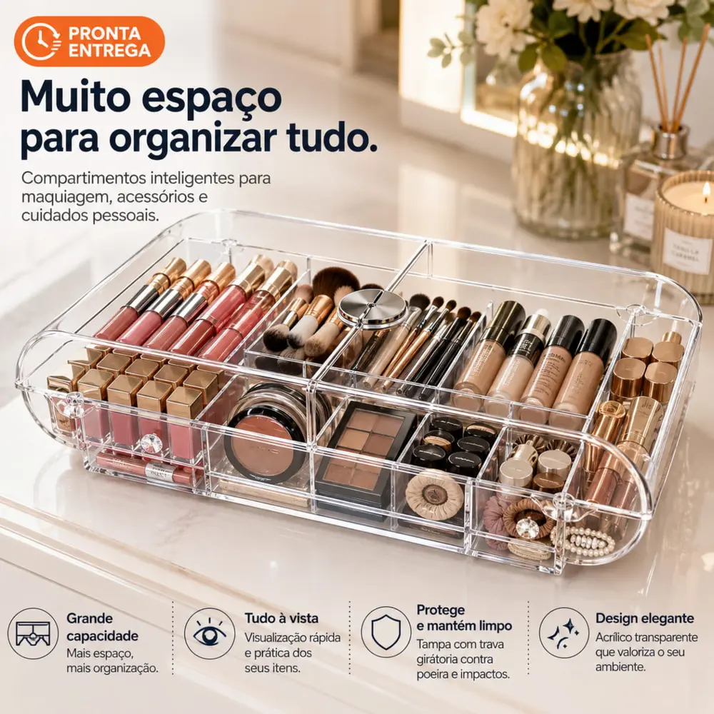 Organizador de Maquiagem Grande em Acrílico Transparente com Tampa