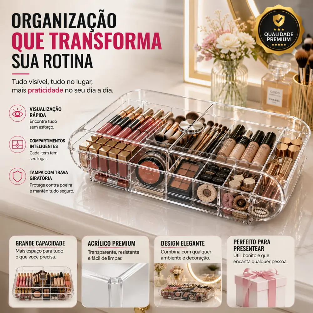 Organizador de Maquiagem Grande em Acrílico Transparente com Tampa