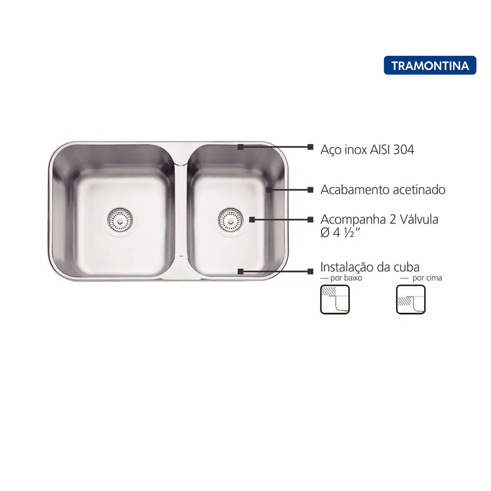 Cuba de Embutir/Sobrepor Dupla Tramontina 69x40 Isis 2C 34-28 BS em Aço Inox Escovado 94062102
