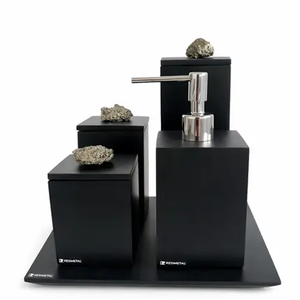 Conjunto Banheiro Naturalle 4 Peças em Resina Preto Fosco com Pedra Pirita