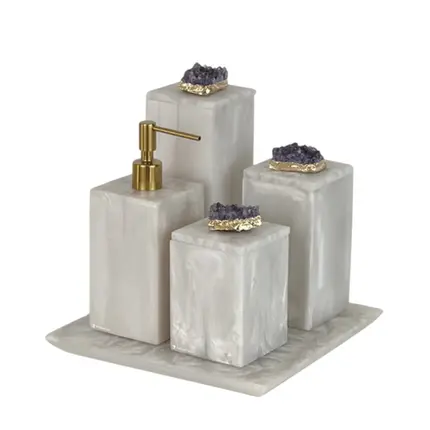 Conjunto Banheiro Naturalle 4 Peças em Resina Madreperola com Pedra Ametista Dourada
