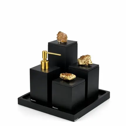 Conjunto Banheiro Naturalle 4 Peças em Resina Preto Fosco com Pedra Citrino Dourada