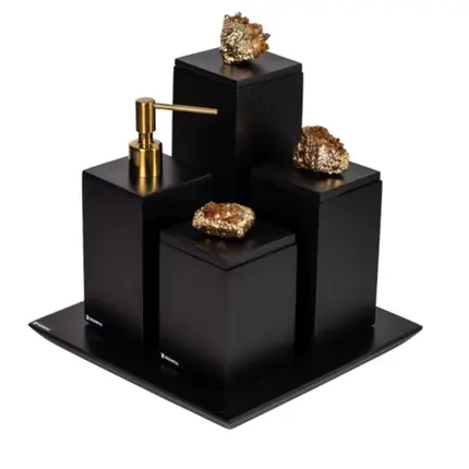 Conjunto Banheiro Naturalle 4 Peças em Resina Preto Fosco com Pedra Citrino Dourada