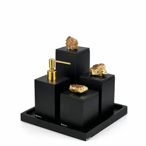 Conjunto Banheiro Naturalle 4 Peças em Resina Preto Fosco com Pedra Citrino Dourada