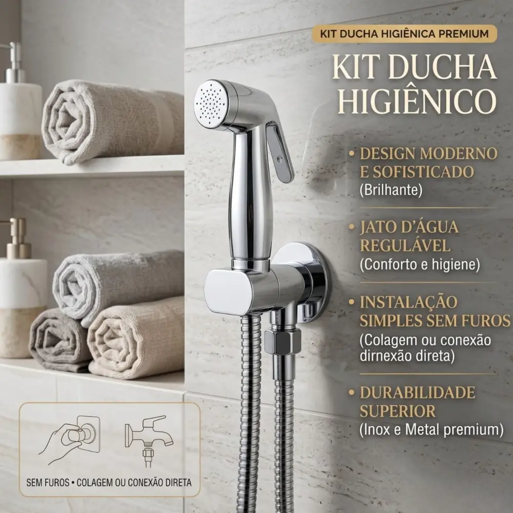 Ducha Higiênica Universal Cromada Sem Furo Parede Moderna