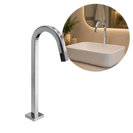 Torneira Bica Alta Tube Cromada de Mesa Base Fixa Banheiro