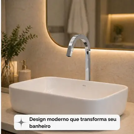 Torneira Bica Alta Tube Cromada de Mesa Base Fixa Banheiro