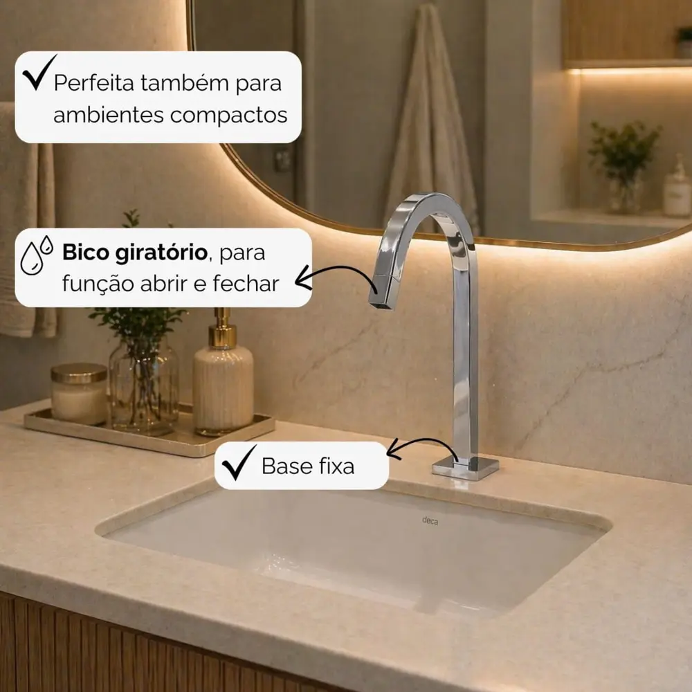 Torneira Bica Alta Tube Cromada de Mesa Base Fixa Banheiro