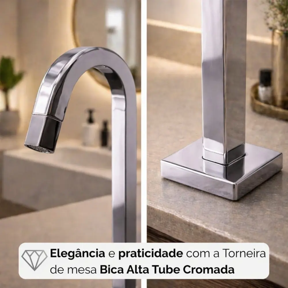 Torneira Bica Alta Tube Cromada de Mesa Base Fixa Banheiro