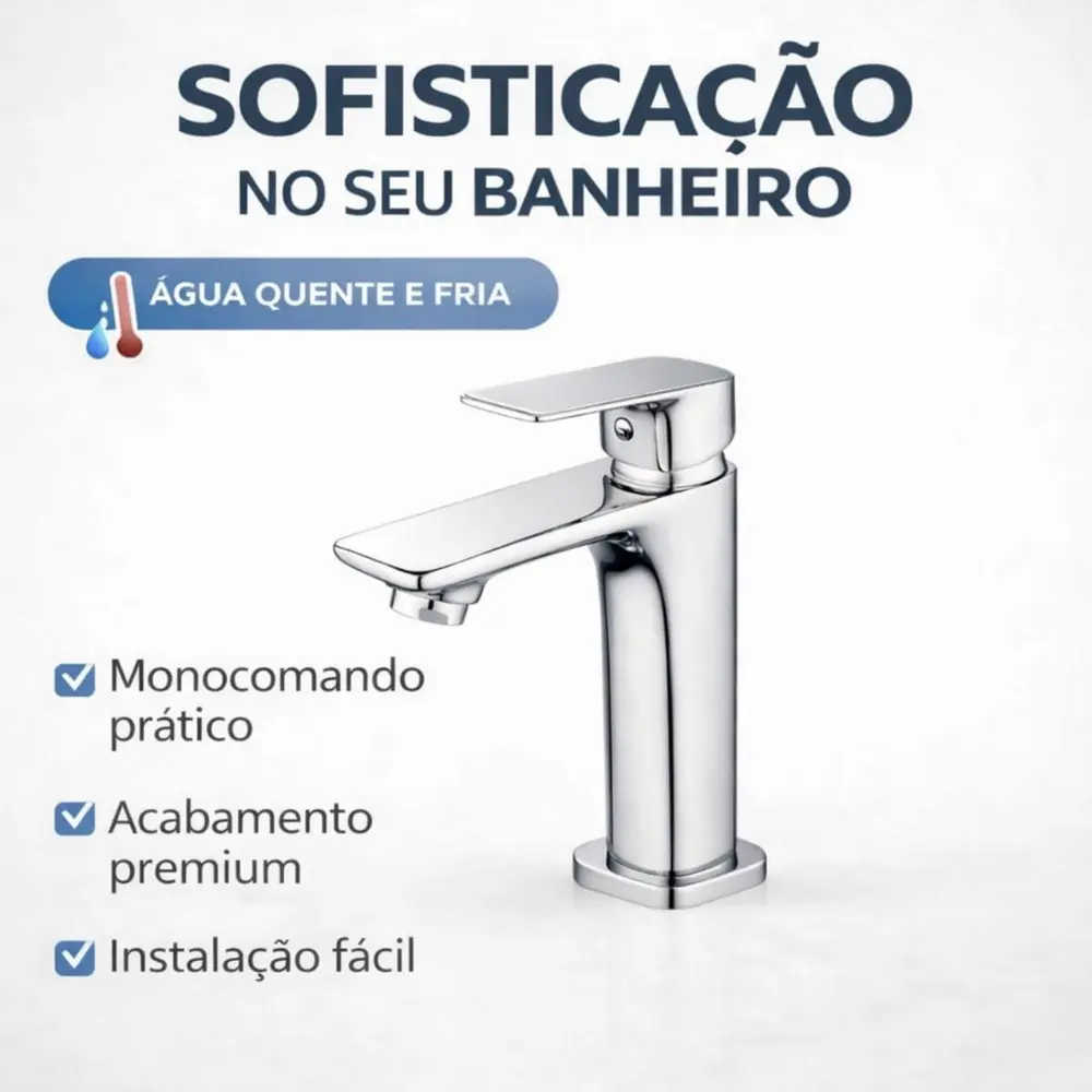 Torneira Monocomando Lavatório Cromada Água Quente e Fria