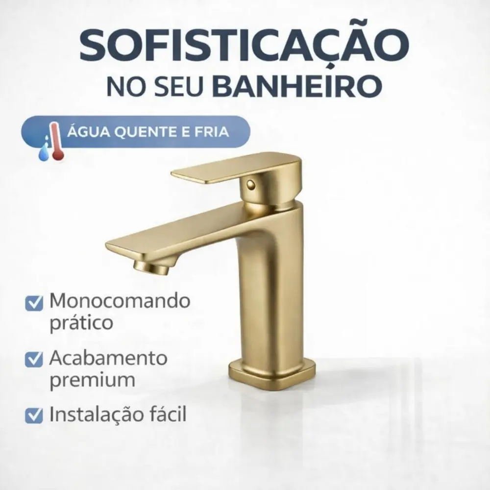 Torneira Monocomando Champagne Lavatório Água Quente e Fria