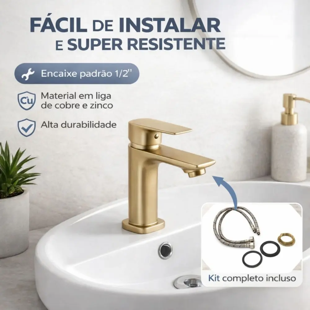 Torneira Monocomando Champagne Lavatório Água Quente e Fria