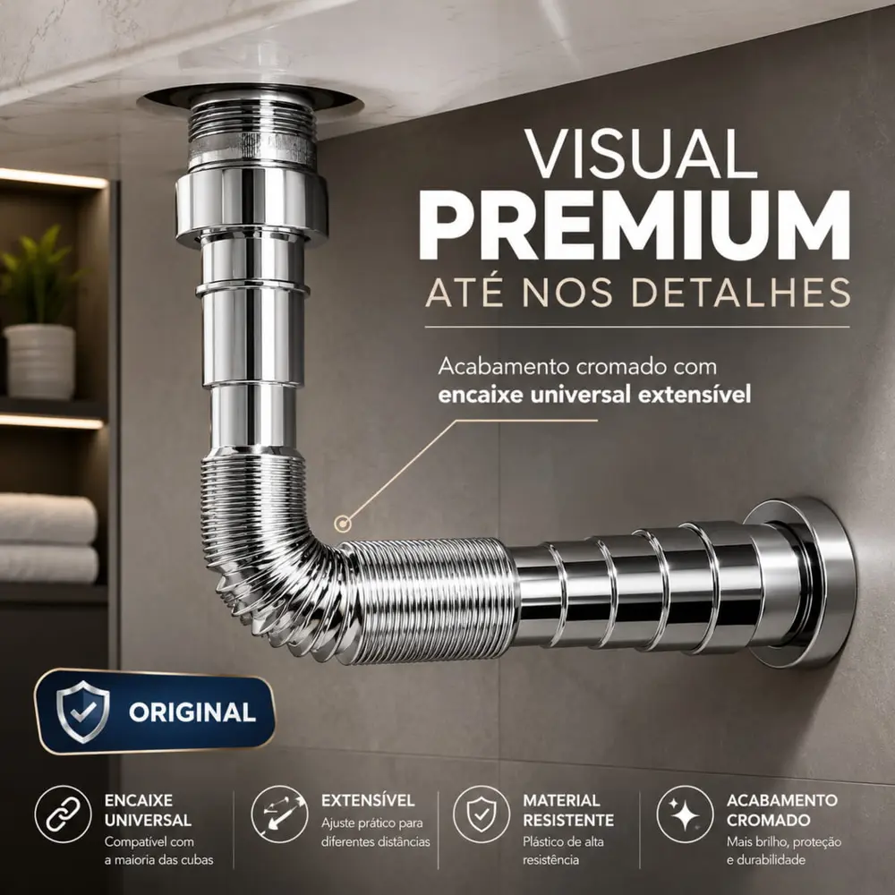 Sifão Universal Extensível Plástico Cromado Ajustável Pia