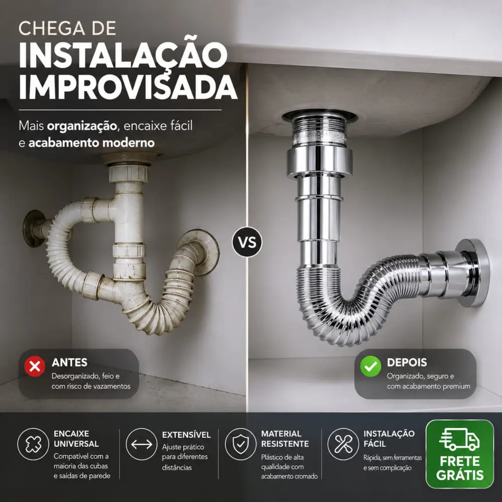 Sifão Universal Extensível Plástico Cromado Ajustável Pia