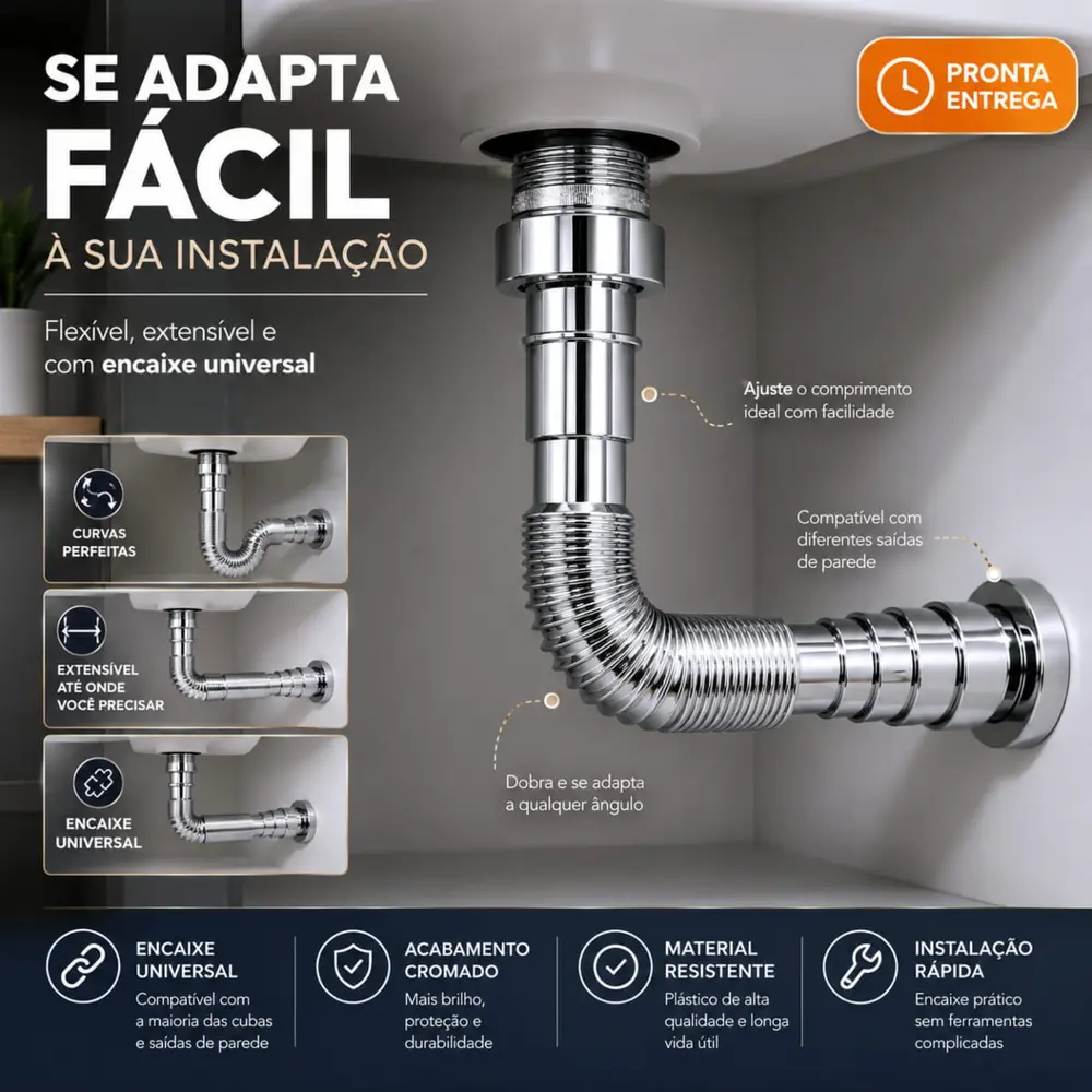Sifão Universal Extensível Plástico Cromado Ajustável Pia