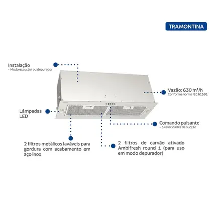 Coifa de Embutir 75cm Tramontina Incasso Retangular em Aço Inox 220V 95800016