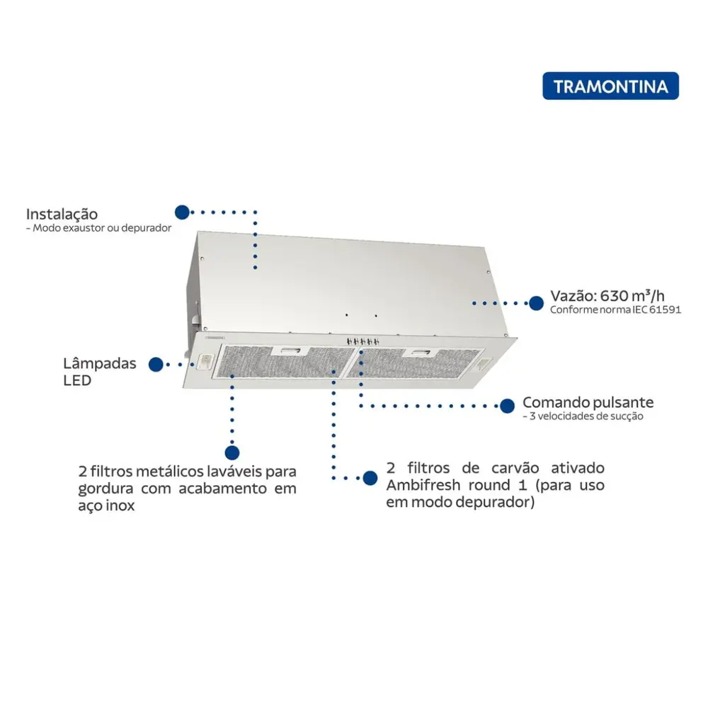 Coifa de Embutir 75cm Tramontina Incasso Retangular em Aço Inox 220V 95800016