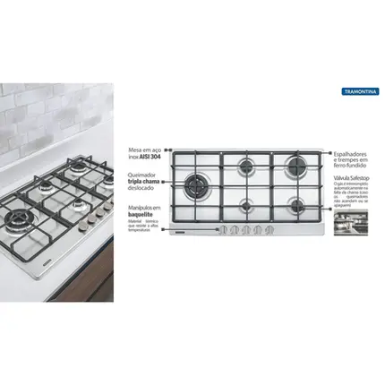Cooktop a Gás Tramontina Penta Plus 5GX TRI HE Safestop 90 em Aço Inox 5 Trempes em Ferro Fundido 94752104