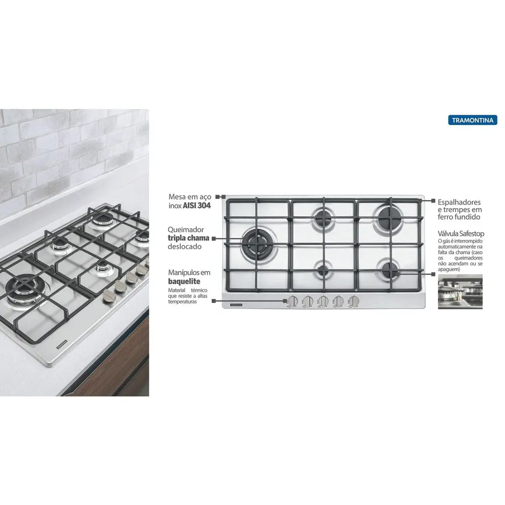 Cooktop a Gás Tramontina Penta Plus 5GX TRI HE Safestop 90 em Aço Inox 5 Trempes em Ferro Fundido 94752104