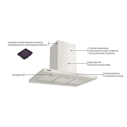 Coifa de Ilha 90cm Tramontina New Dritta Isla em Aço Inox 220V 95800018