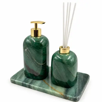 Kit para Banheiro 3 Peças em Quartzo Verde Natural Polido - Dourado