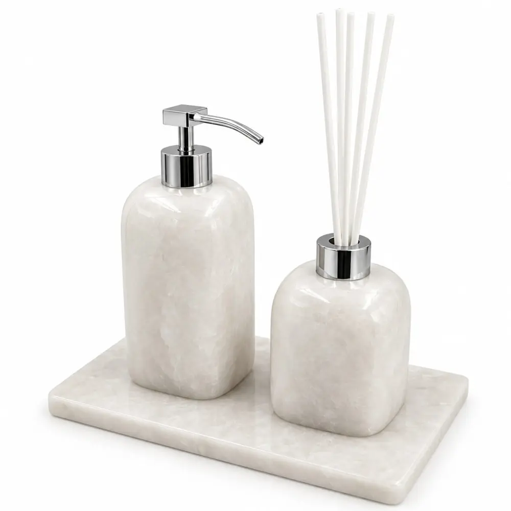 Kit para Banheiro 3 Peças em Quartzo Branco Natural Polido - Cromado