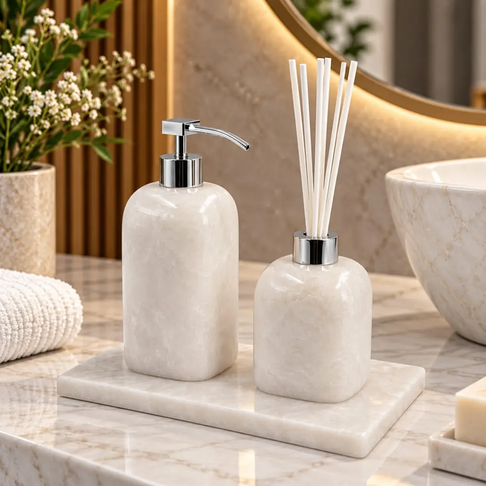 Kit para Banheiro 3 Peças em Quartzo Branco Natural Polido - Cromado